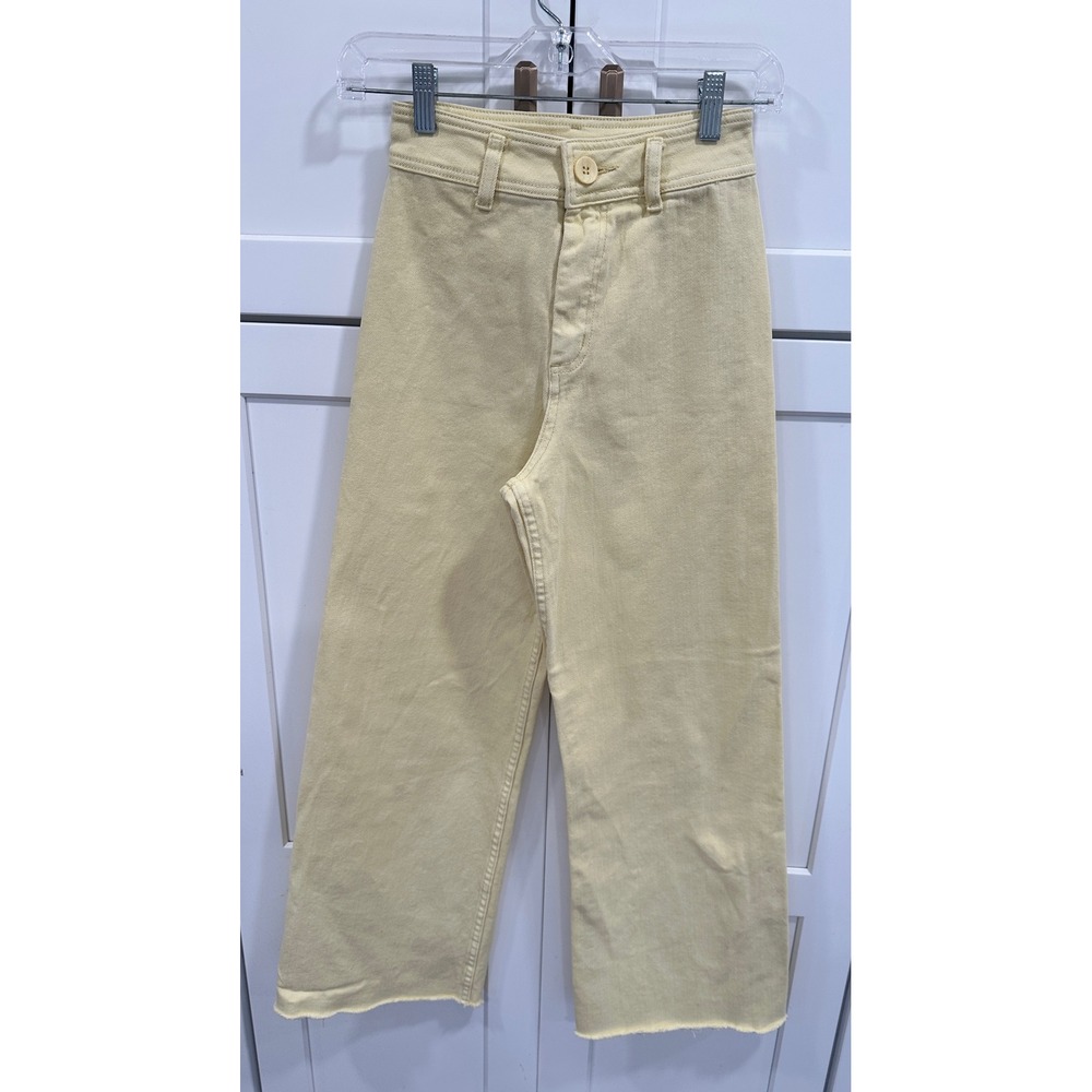 Miou Muse Pale Yellow High Waisted Wide Leg Raw Hem Cropped Jeans Small